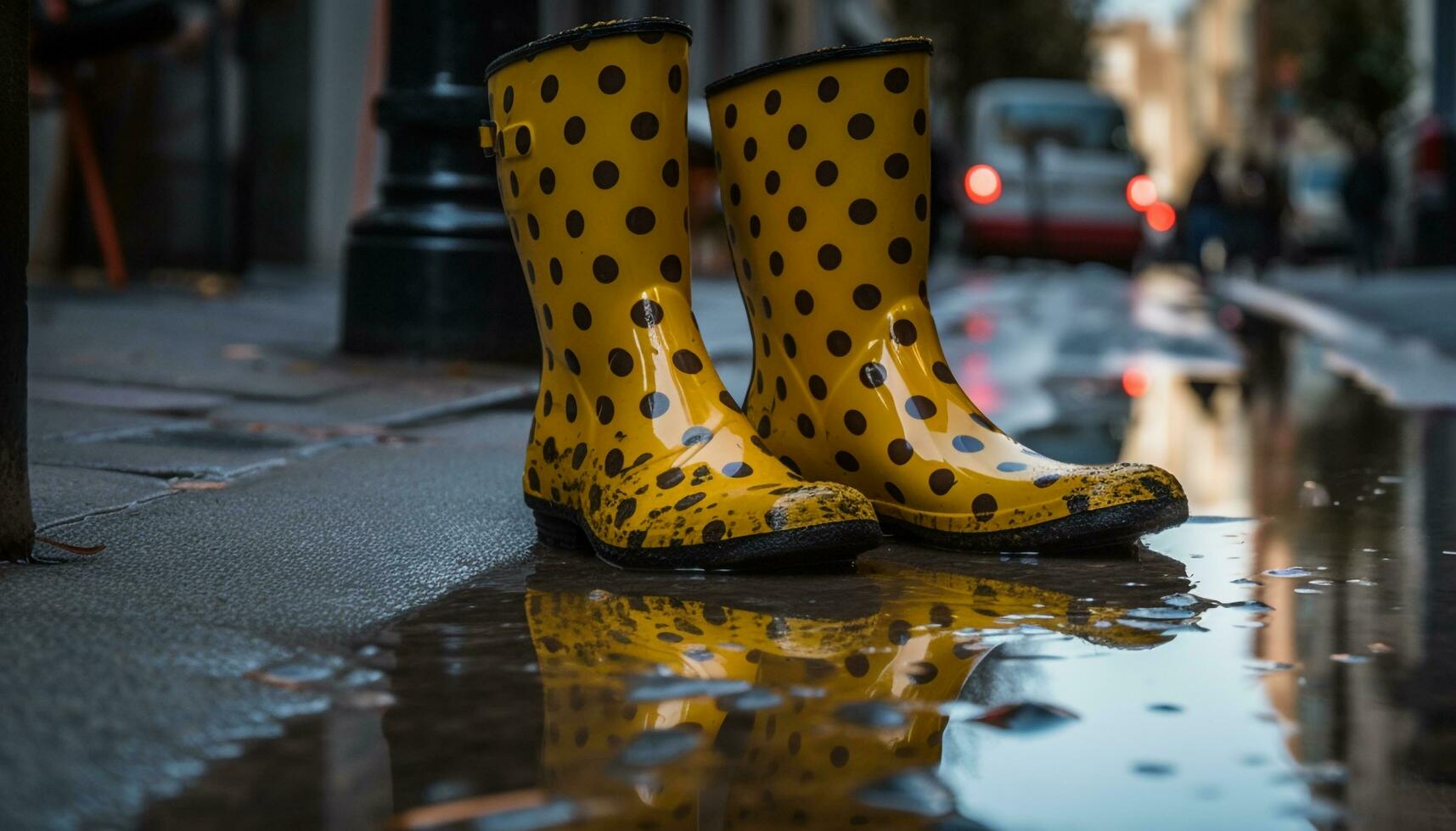 Gelb Gummi Stiefel Spritzen durch schlammig Hochwasser generiert durch ai foto