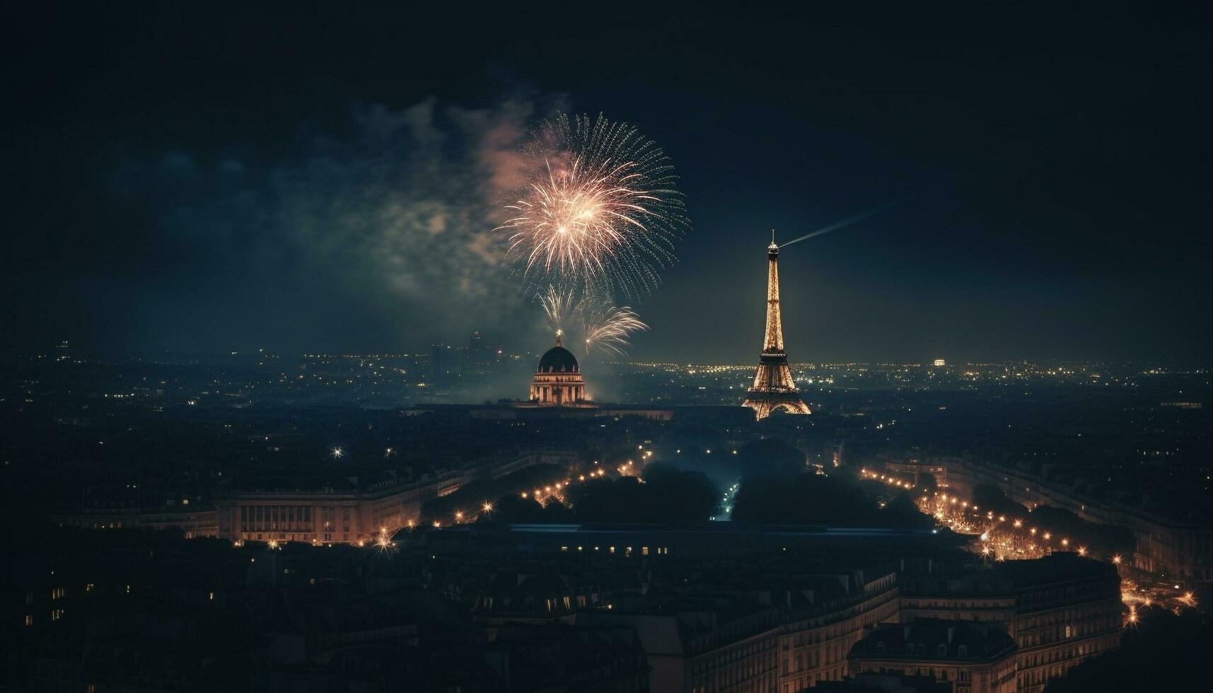Feuerwerk explodiert Über berühmt Stadt Horizont beim Dämmerung generiert durch ai foto
