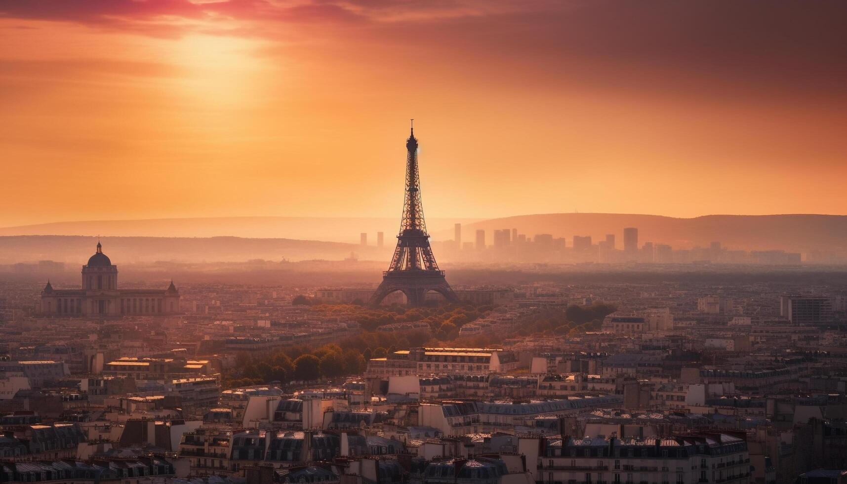 Sonnenuntergang leuchtet berühmt Stadt Horizont, ein romantisch Aussicht generiert durch ai foto