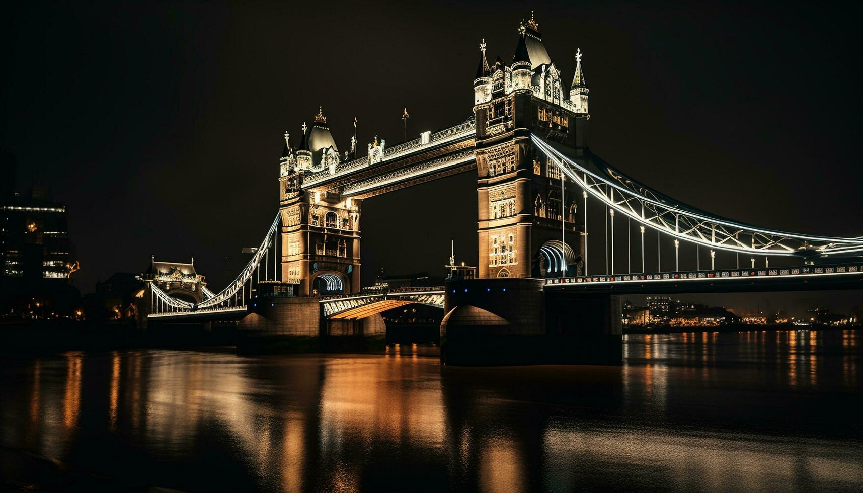 beleuchtet Brücke spiegelt majestätisch Stadt Horizont beim Dämmerung generiert durch ai foto