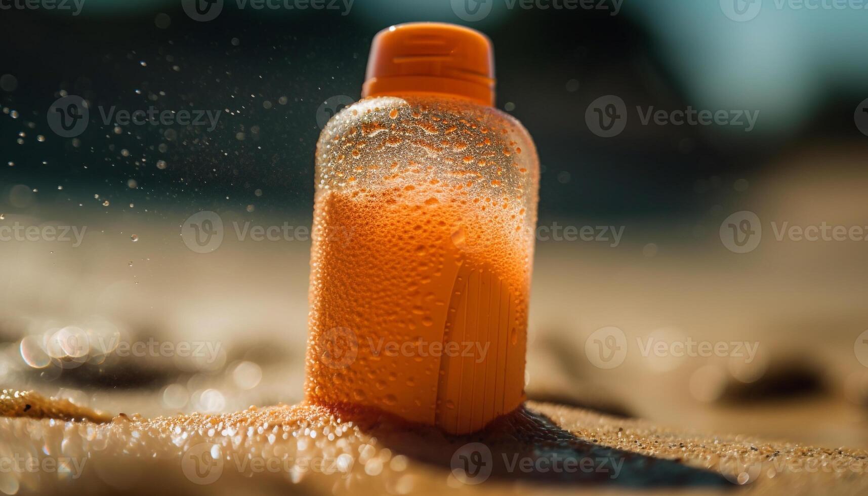 erfrischend trinken im Glas Flasche auf sandig Strand generiert durch ai foto