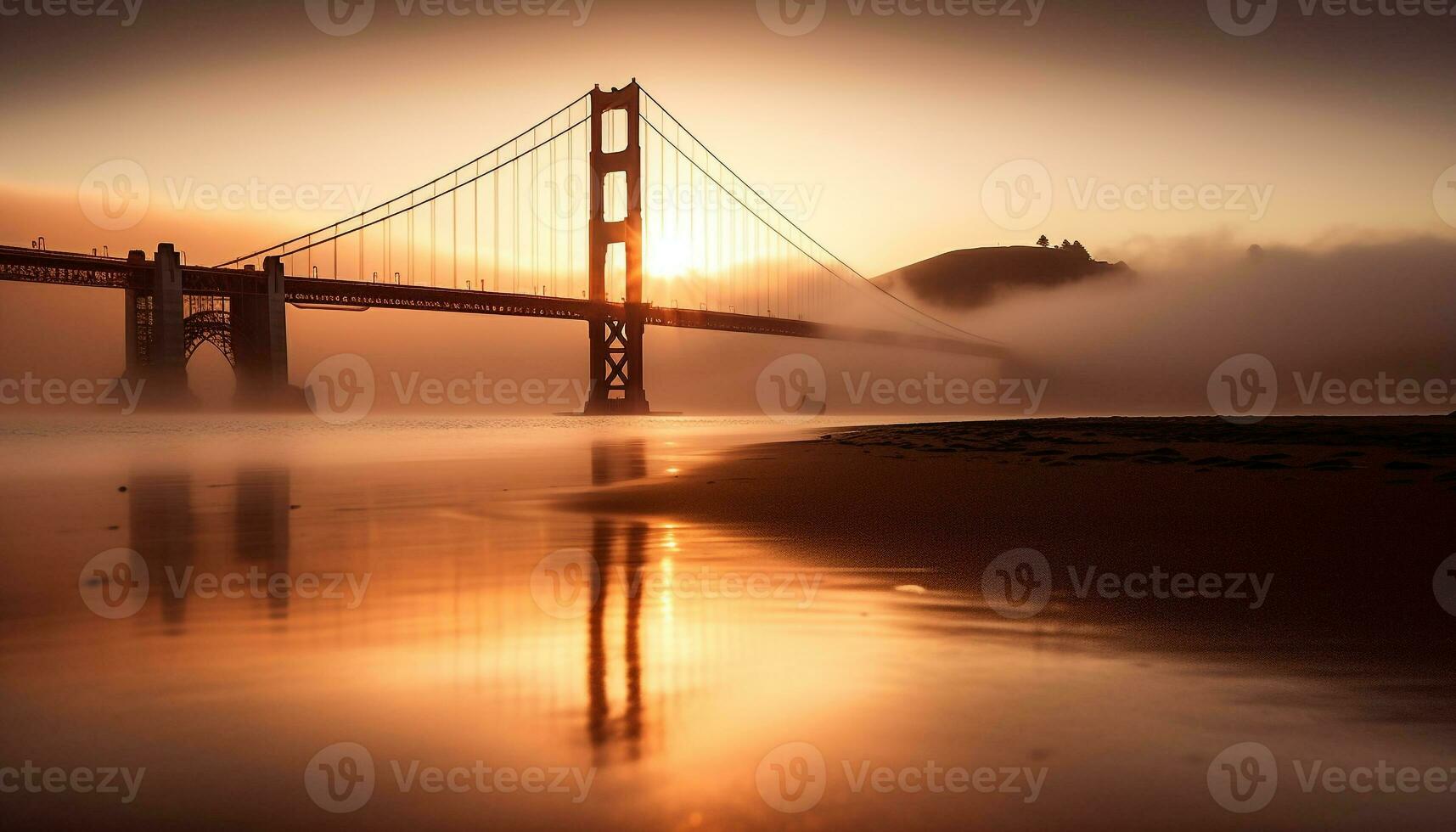 Suspension Brücke spiegelt still Sonnenuntergang Über Wasser generiert durch ai foto