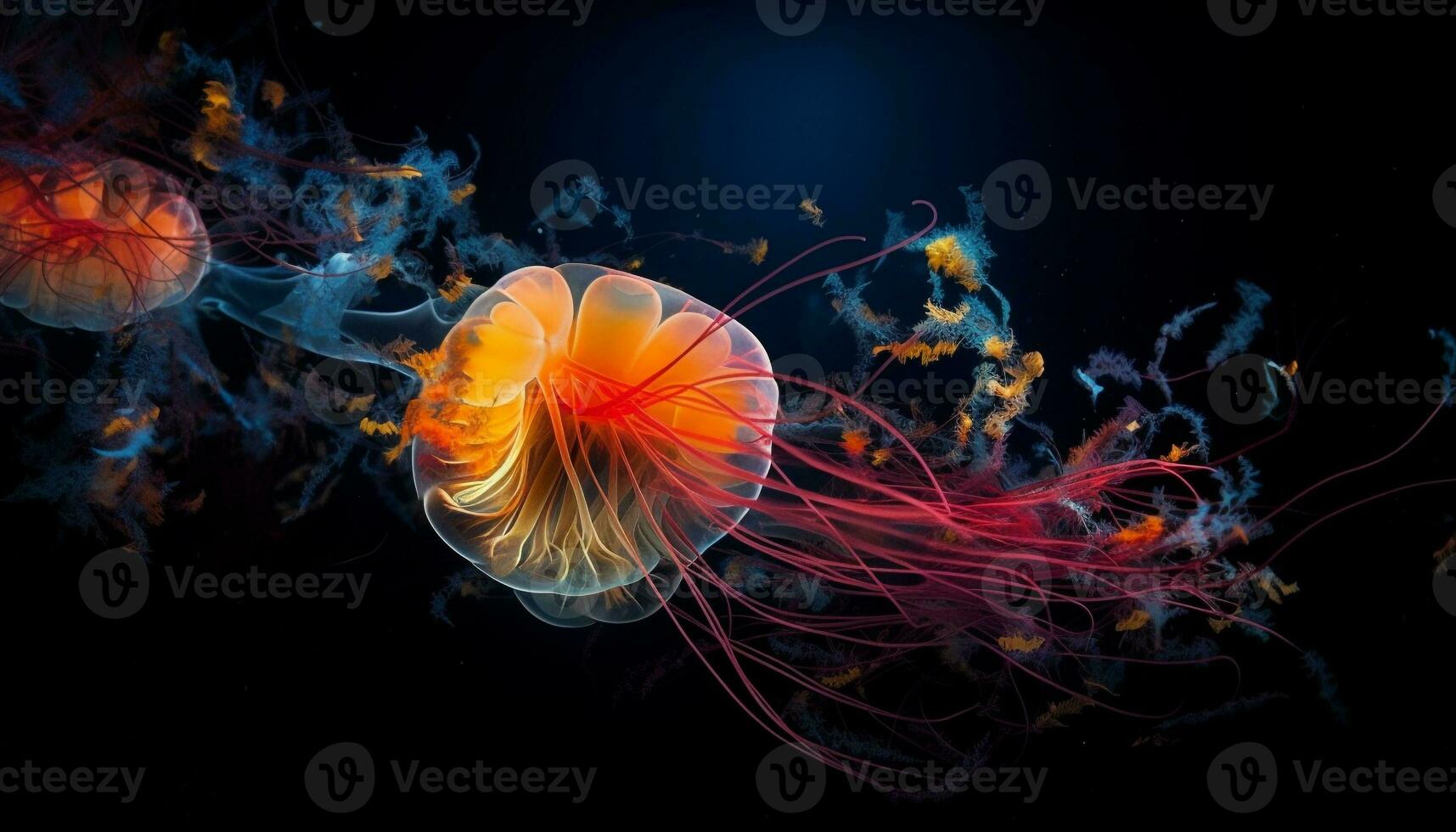 glühend Meduse schwimmt im tief Blau Meer generiert durch ai foto
