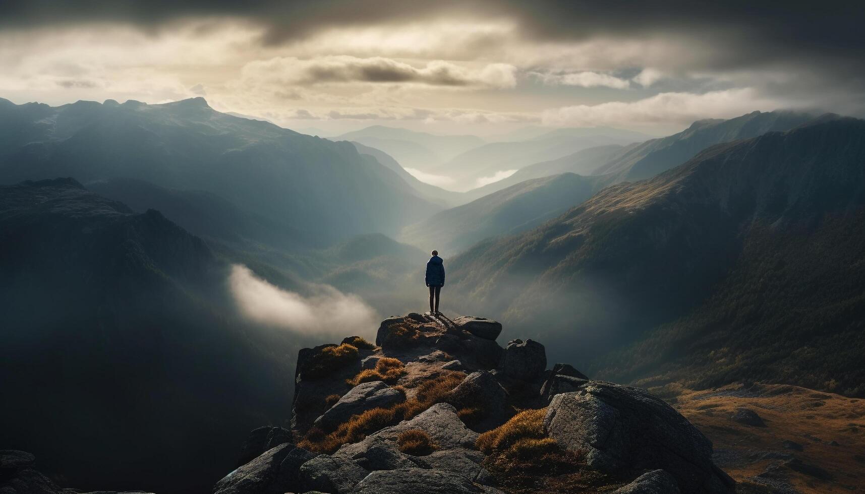 Stehen auf Berg Gipfel, erobern Unglück, Erfolg generiert durch ai foto