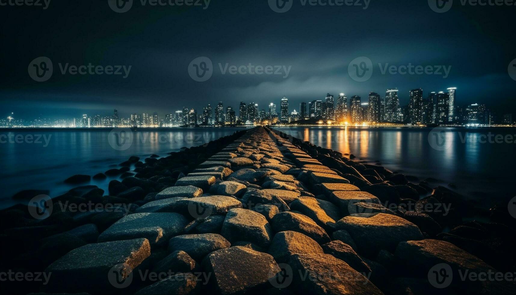 beleuchtet Stadt Horizont spiegelt auf still Wasser generiert durch ai foto