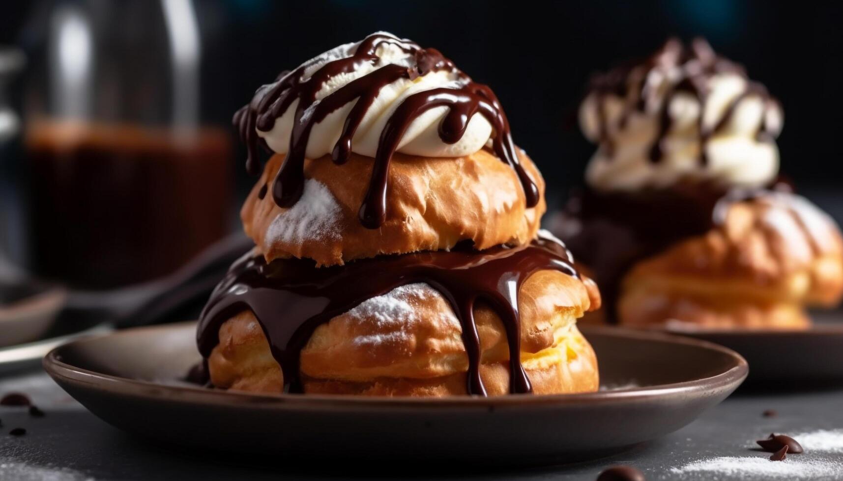 ausgepeitscht Sahne und Schokolade Soße auf Eclair generiert durch ai foto