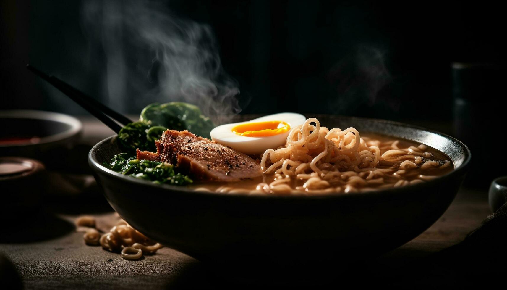 dämpfen Schüssel von Schweinefleisch Ramen mit Essstäbchen generativ ai foto