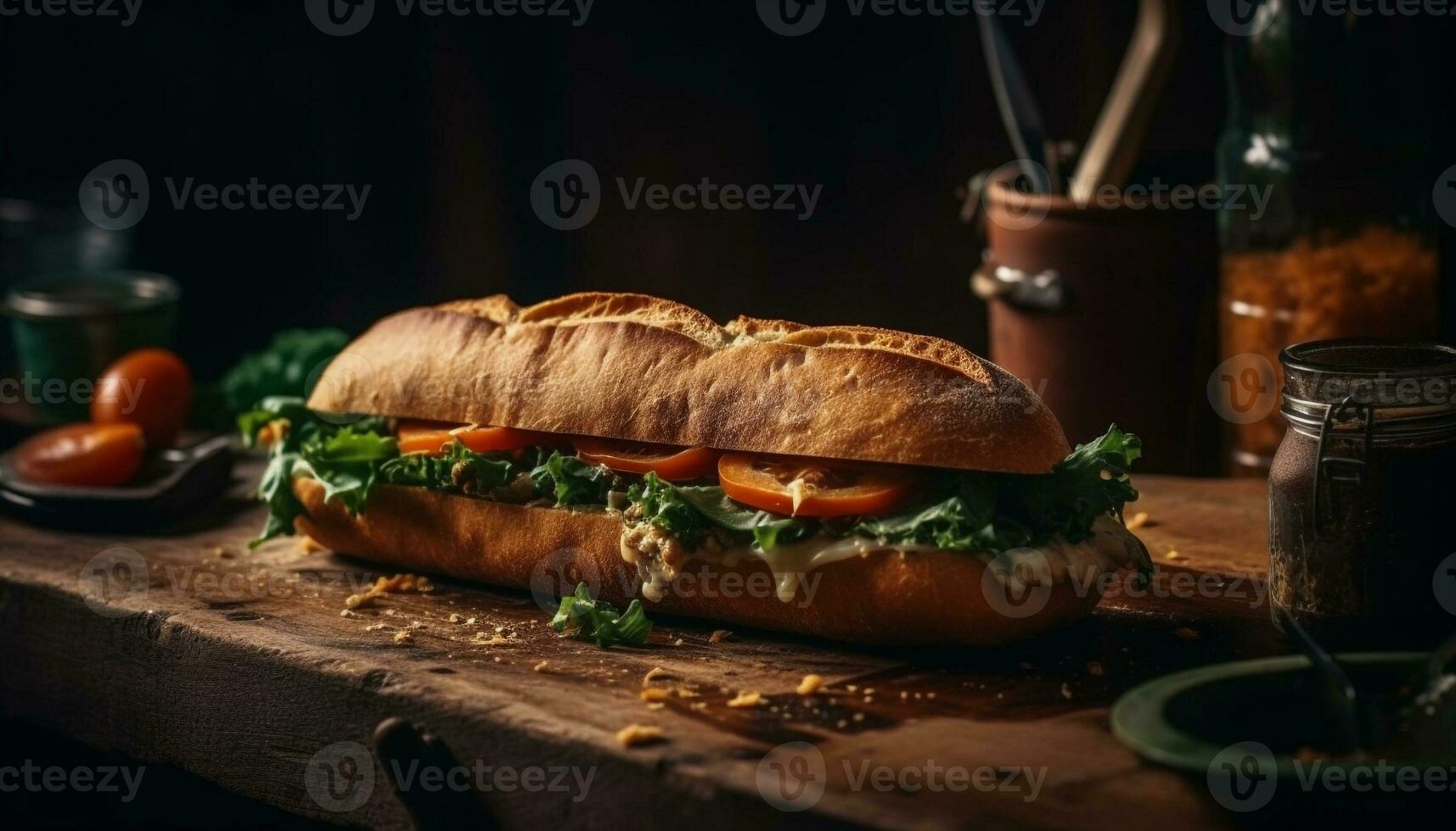 gegrillt Ciabatta Sandwich mit frisch Fleisch und Gemüse generiert durch ai foto