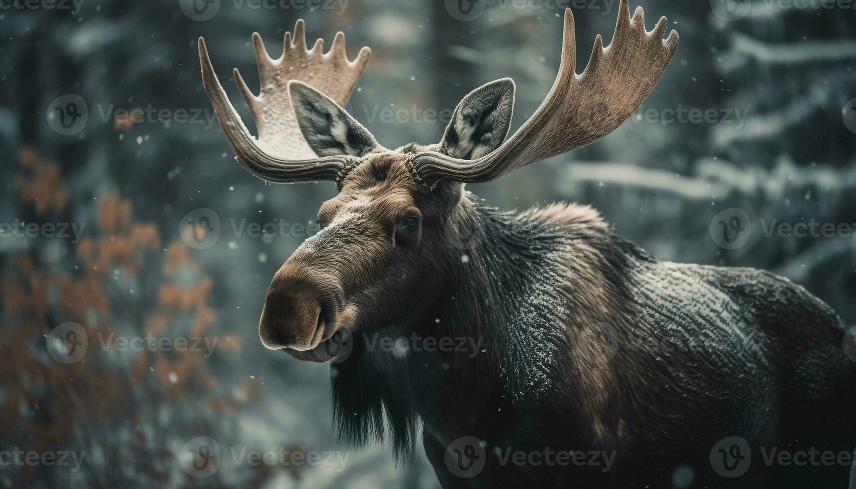 gehörnt Hirsch weidet im schneebedeckt Wald Landschaft generiert durch ai foto