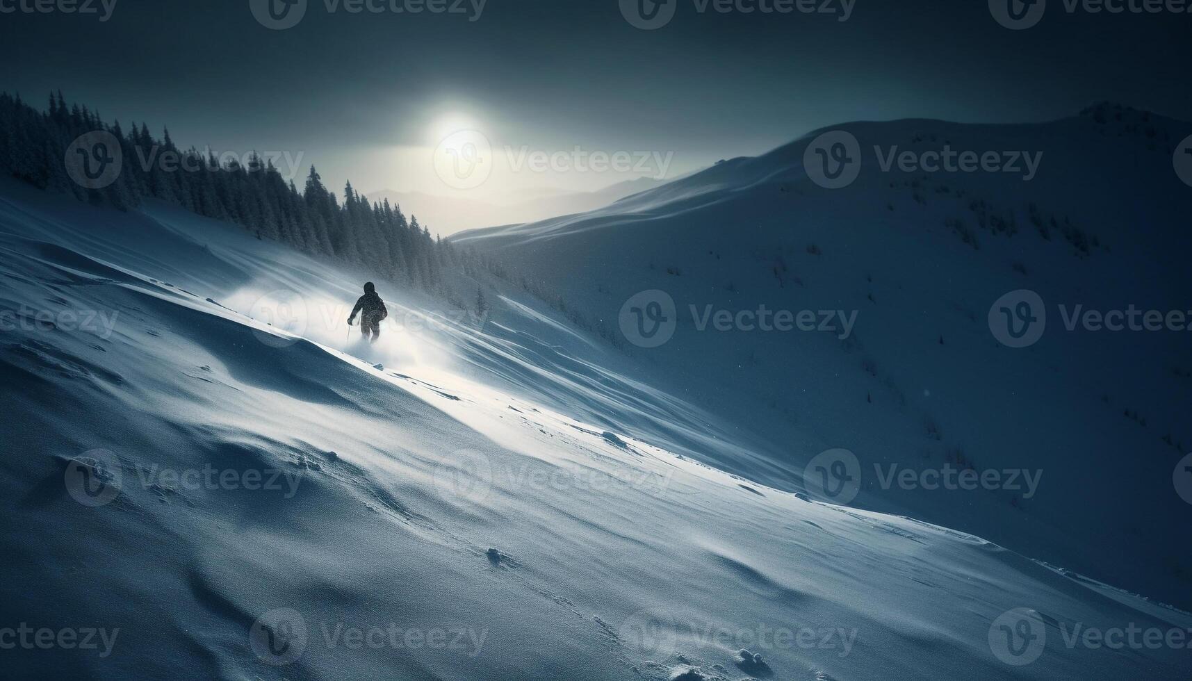 einer Person Skifahren Nieder Berg Gipfel extrem Terrain generiert durch ai foto