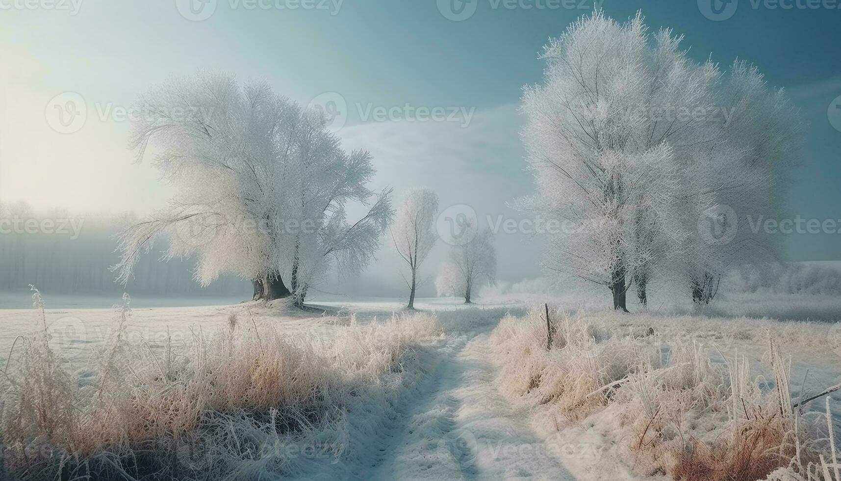 eisig Winter Wald still Schönheit im Natur generiert durch ai foto