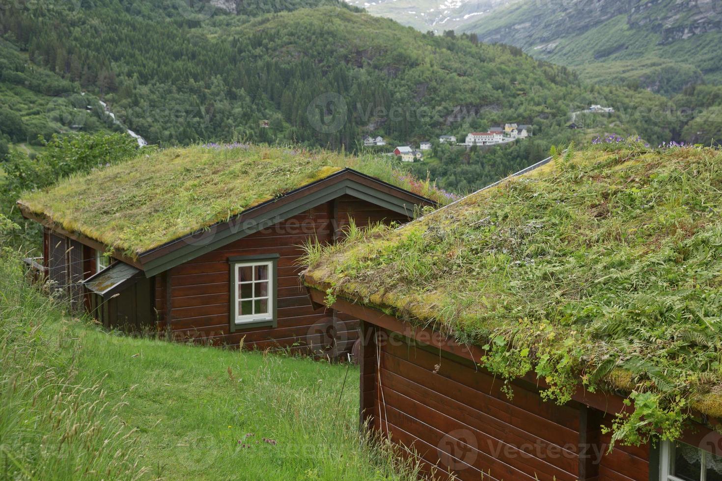 typisches altes holzhaus mit grasdach in den fjorden von geiranger in norwegen foto