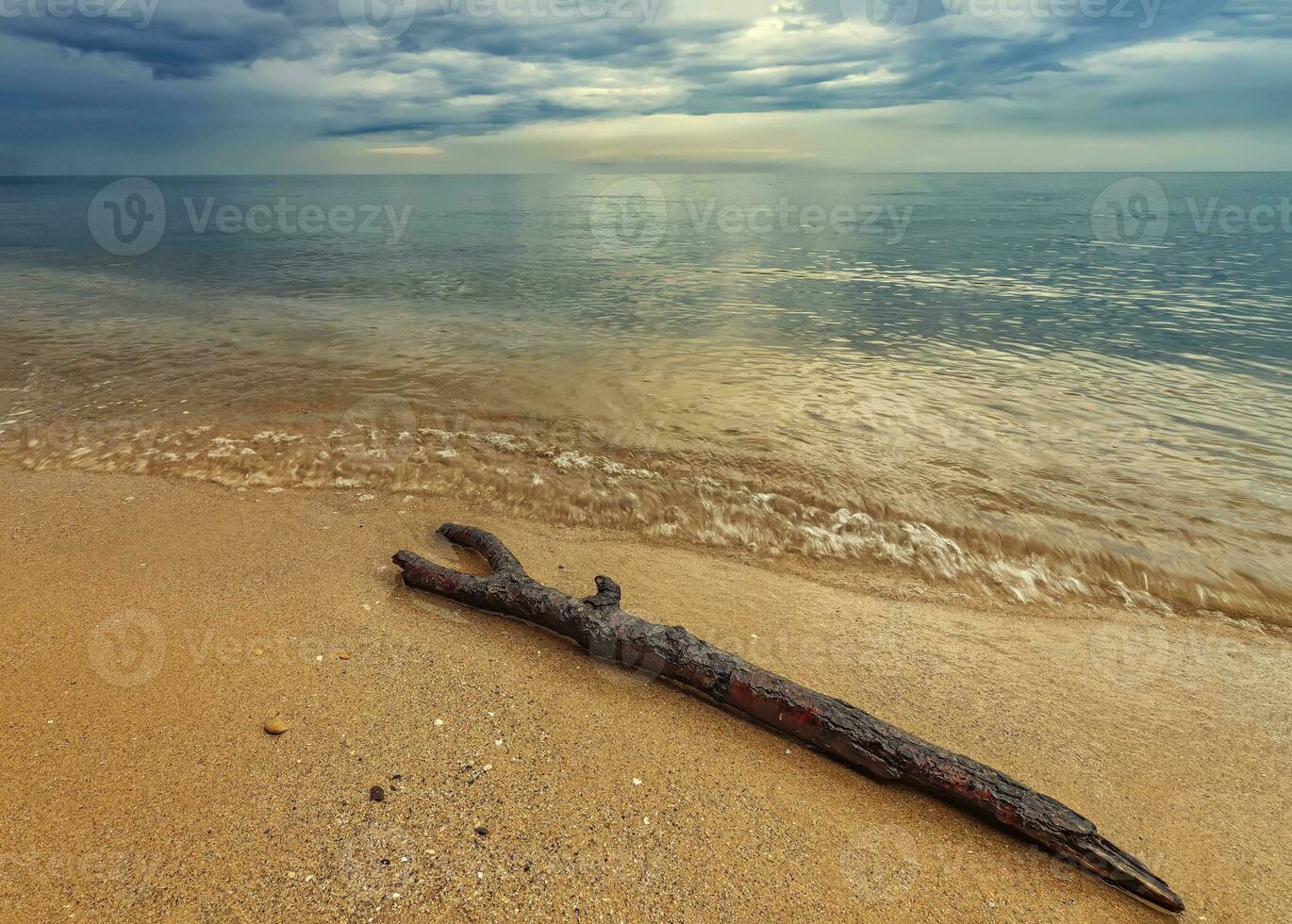 Meereslandschaft, hervorragend lange Exposition Sonnenaufgang Aussicht mit ein Log beim das schwarz Meer Küste, Bulgarien foto