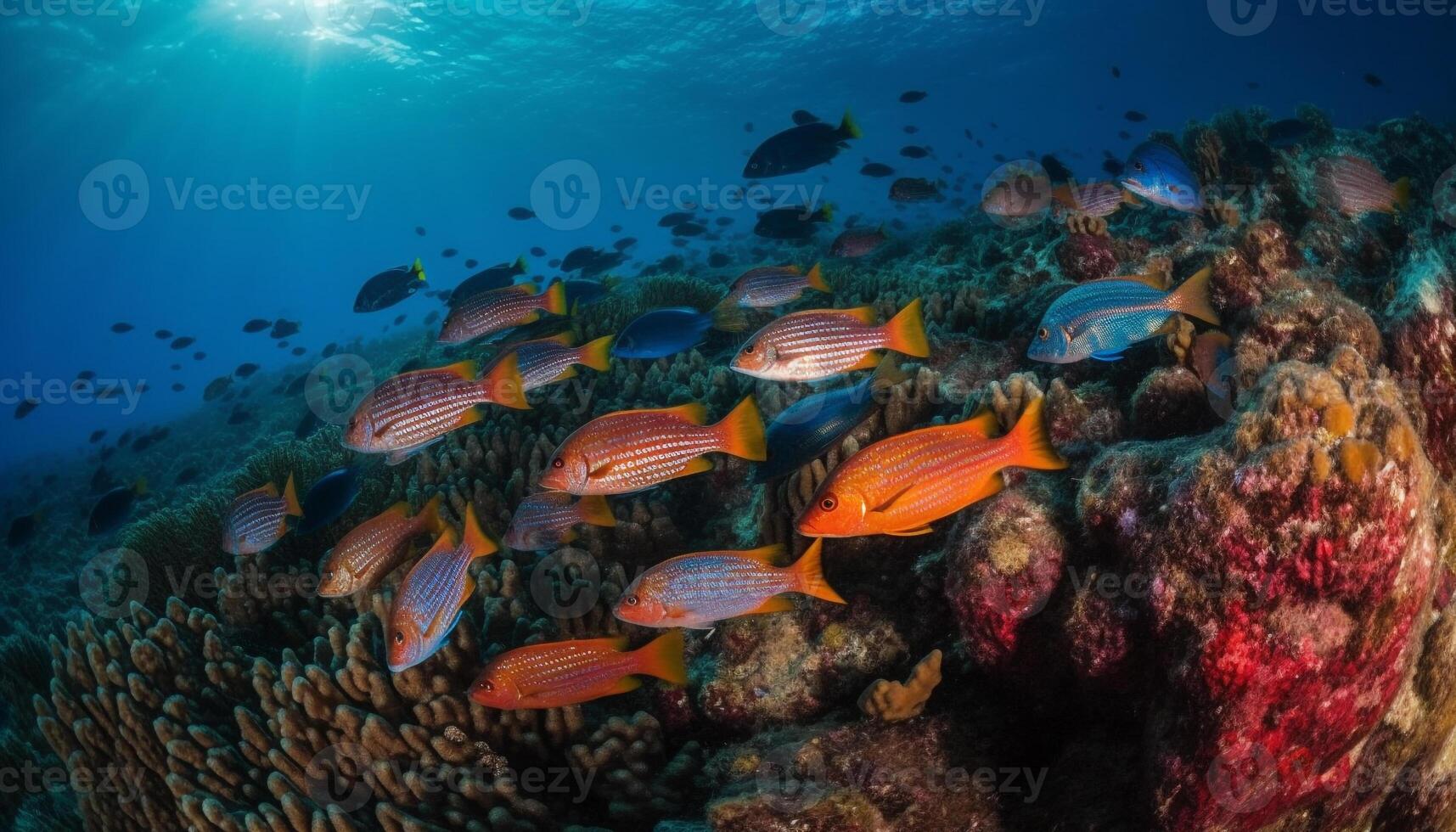 multi farbig Schule von Fisch schwimmen im Riff generiert durch ai foto