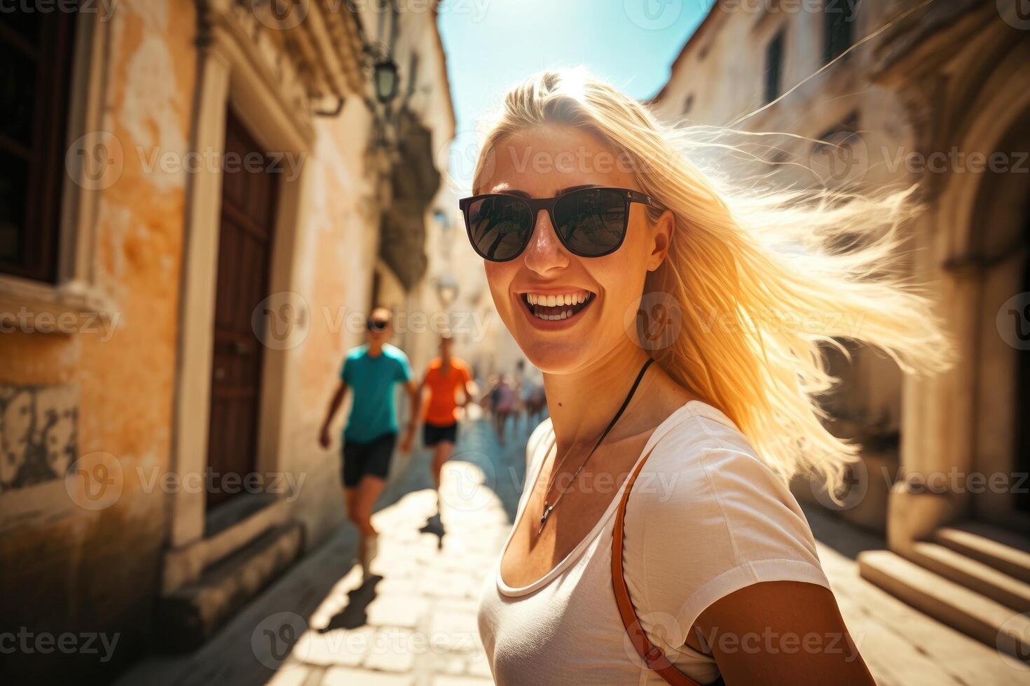 Selfie auf Ferien genommen durch ein jung glücklich Frau ai generiert foto