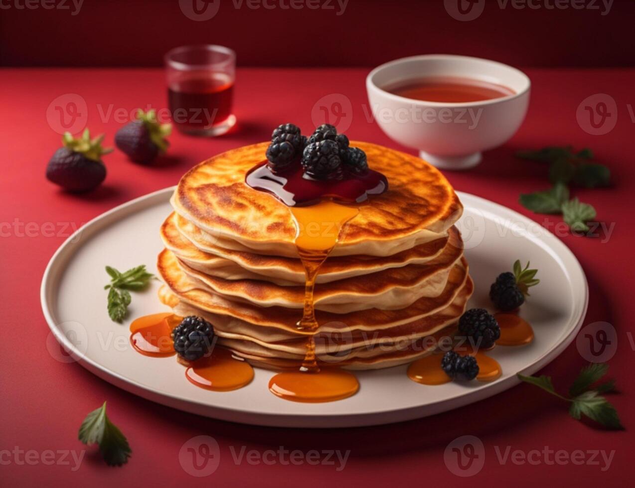 Buttermilch Pfannkuchen mit geschmolzen Butter und Sirup, ai generiert foto