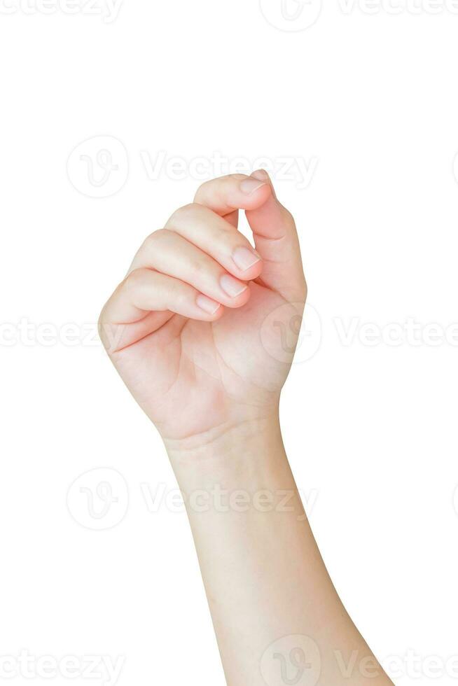Frau Hand Geste halten etwas isoliert auf Weiß Hintergrund foto