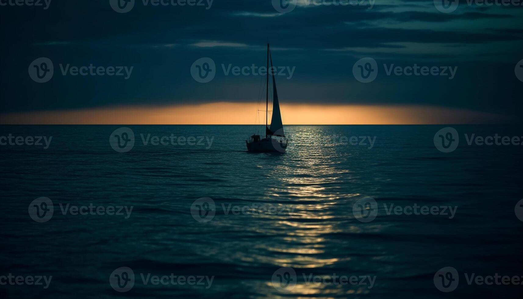 Segeln Yacht gleitet auf still Sonnenuntergang Wasser generiert durch ai foto