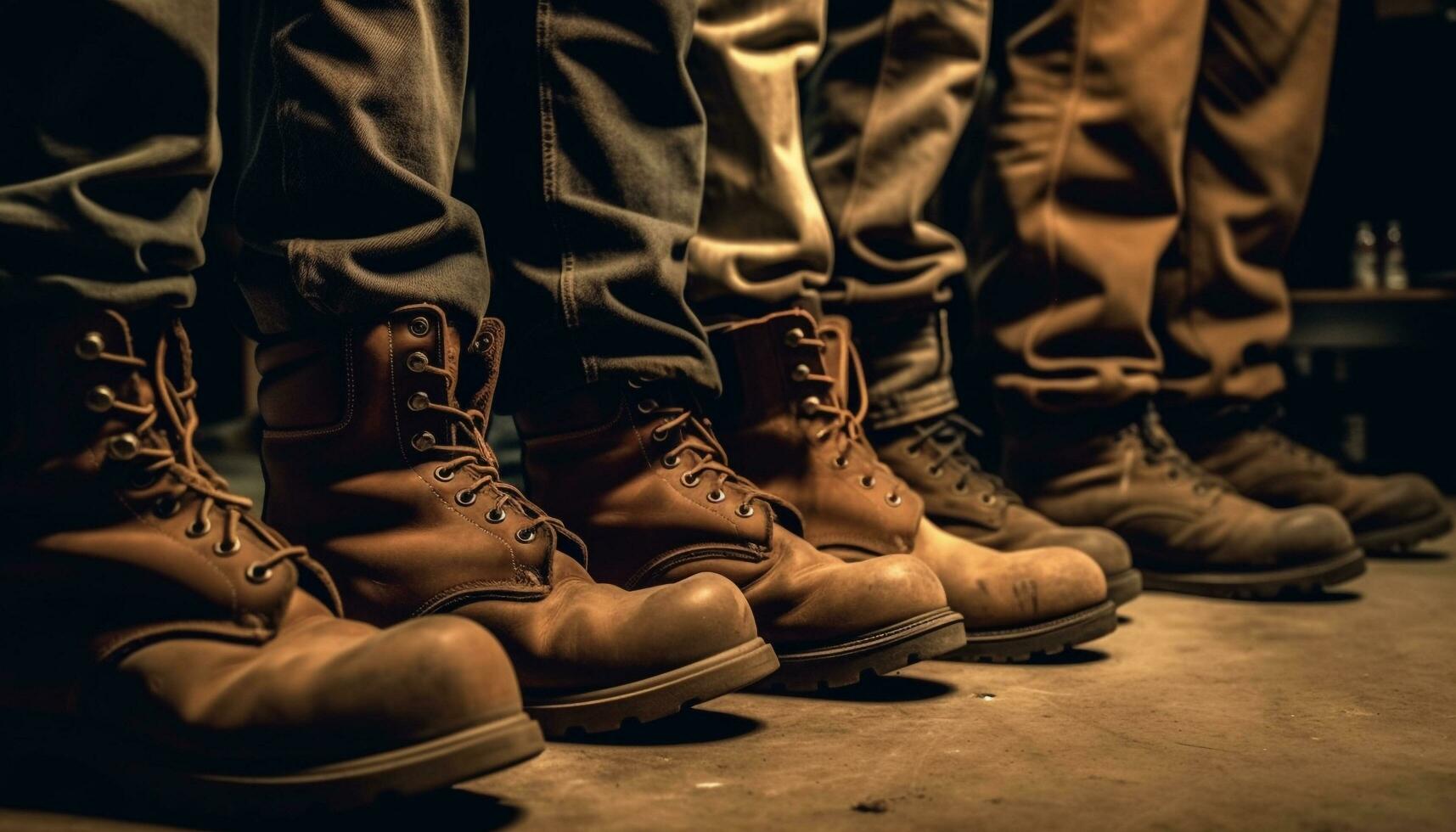 Heer Männer im Uniform Stehen im ein Reihe, tragen schwarz Leder Stiefel generiert durch ai foto