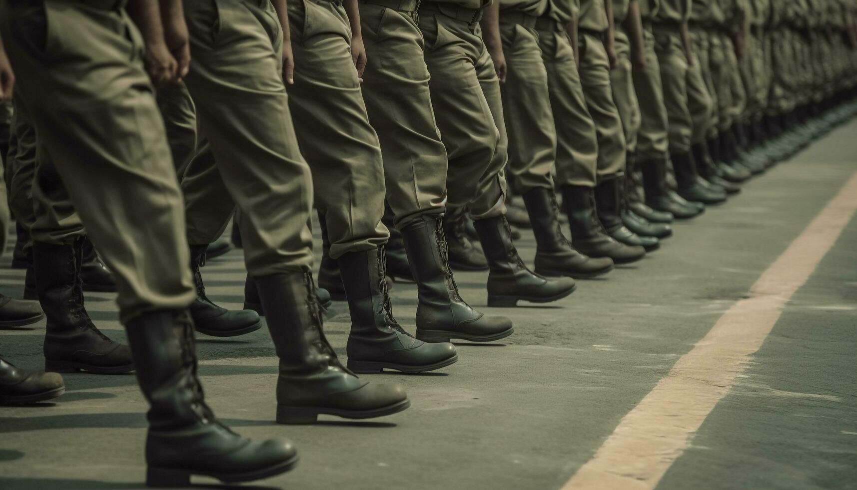 ein Zug von Heer Soldaten marschieren im Uniform mit Gewehre generiert durch ai foto