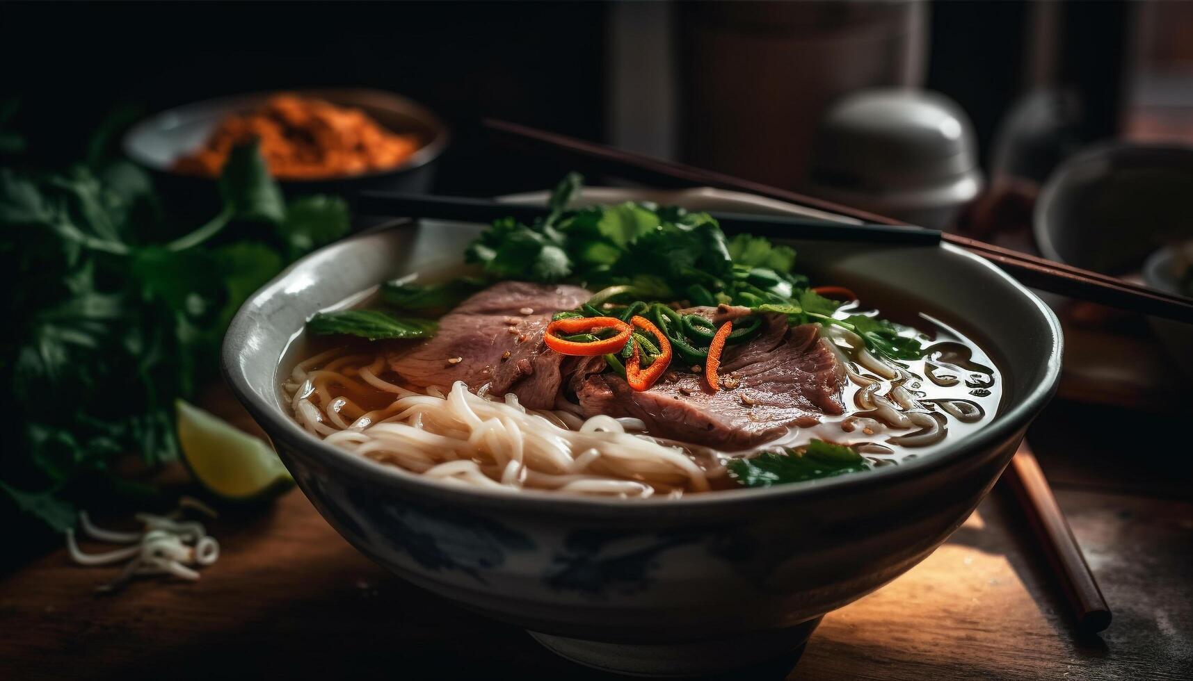 geschmort Schweinefleisch Ramen mit frisch Lauchzwiebel und Koriander Garnierung generiert durch ai foto