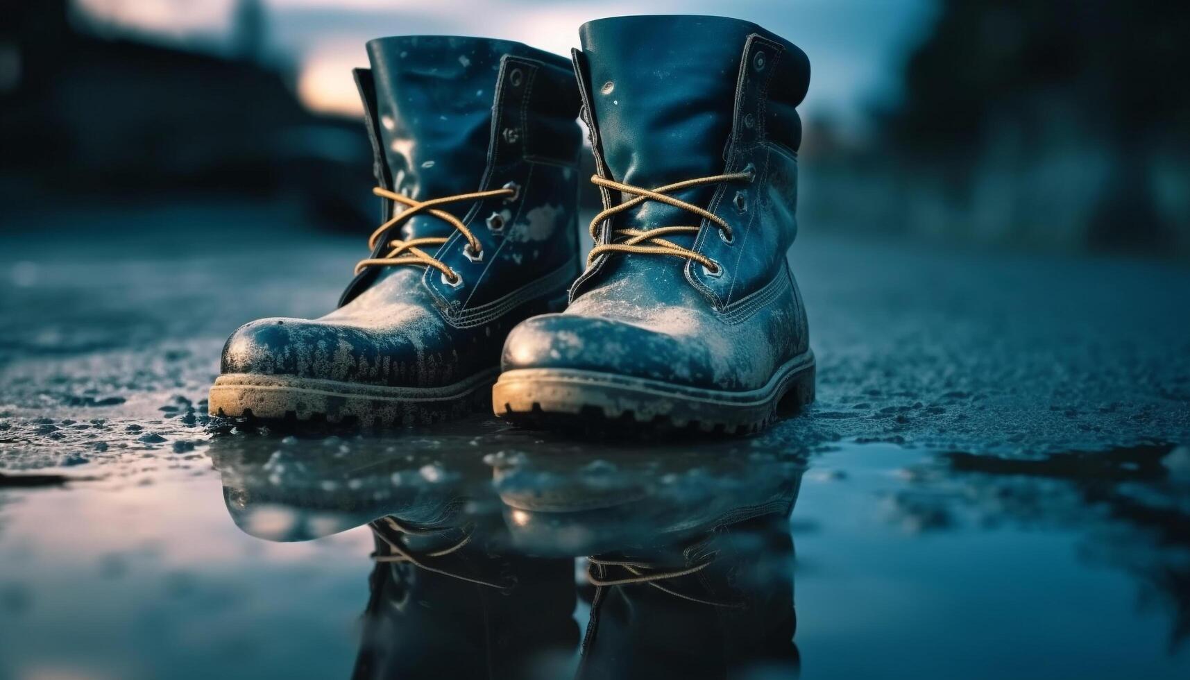 alt Leder Stiefel planschen durch schlammig Herbst Natur Abenteuer generiert durch ai foto