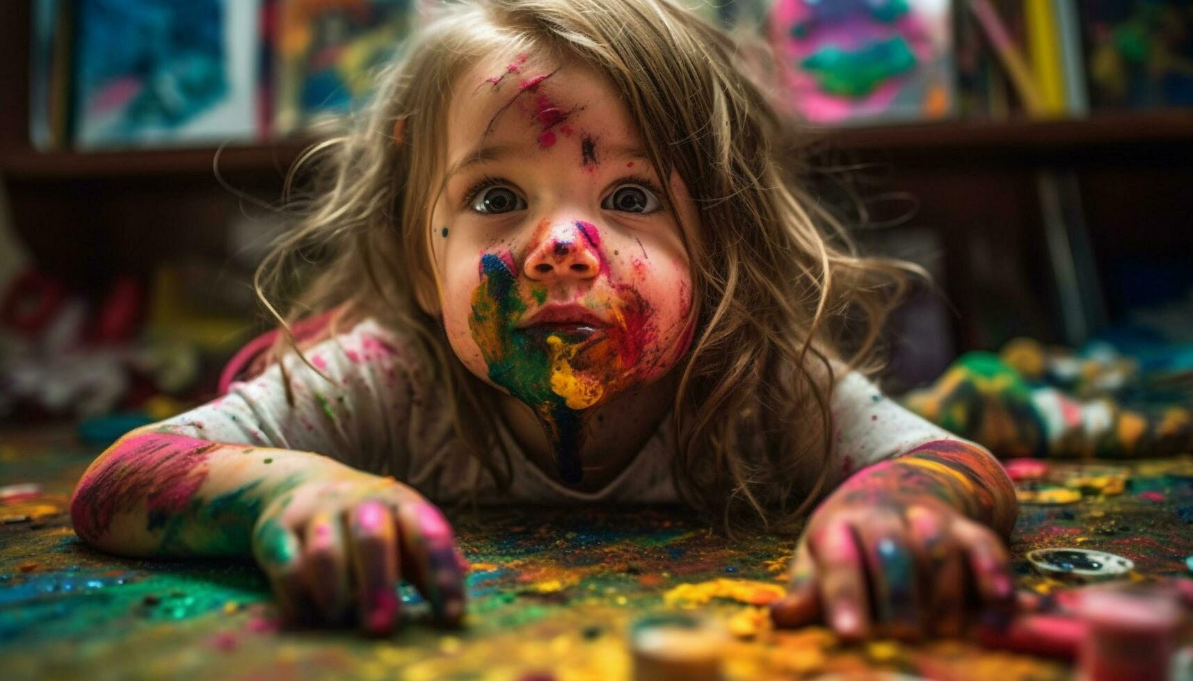 Vorschule Kinder spielen mit Aquarell malt, Erstellen unordentlich Gemälde freudig generiert durch ai foto