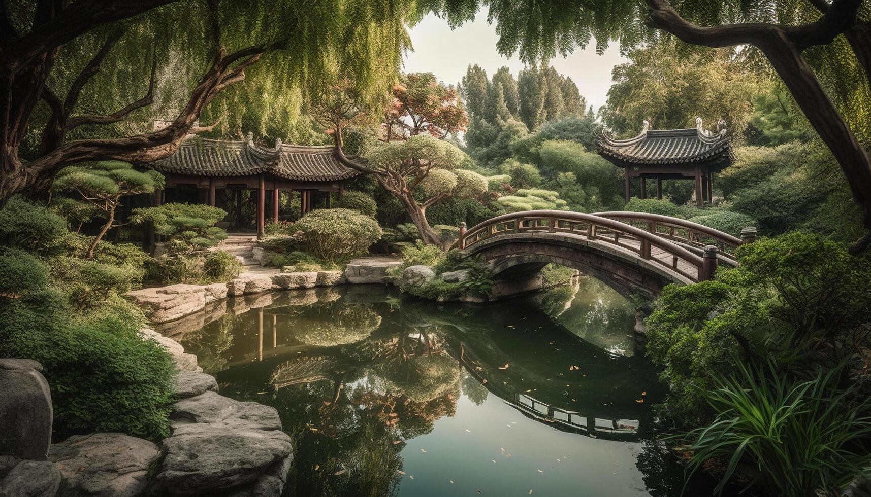 das uralt Pagode spiegelt auf still Teich im Osten Asien generiert durch ai foto