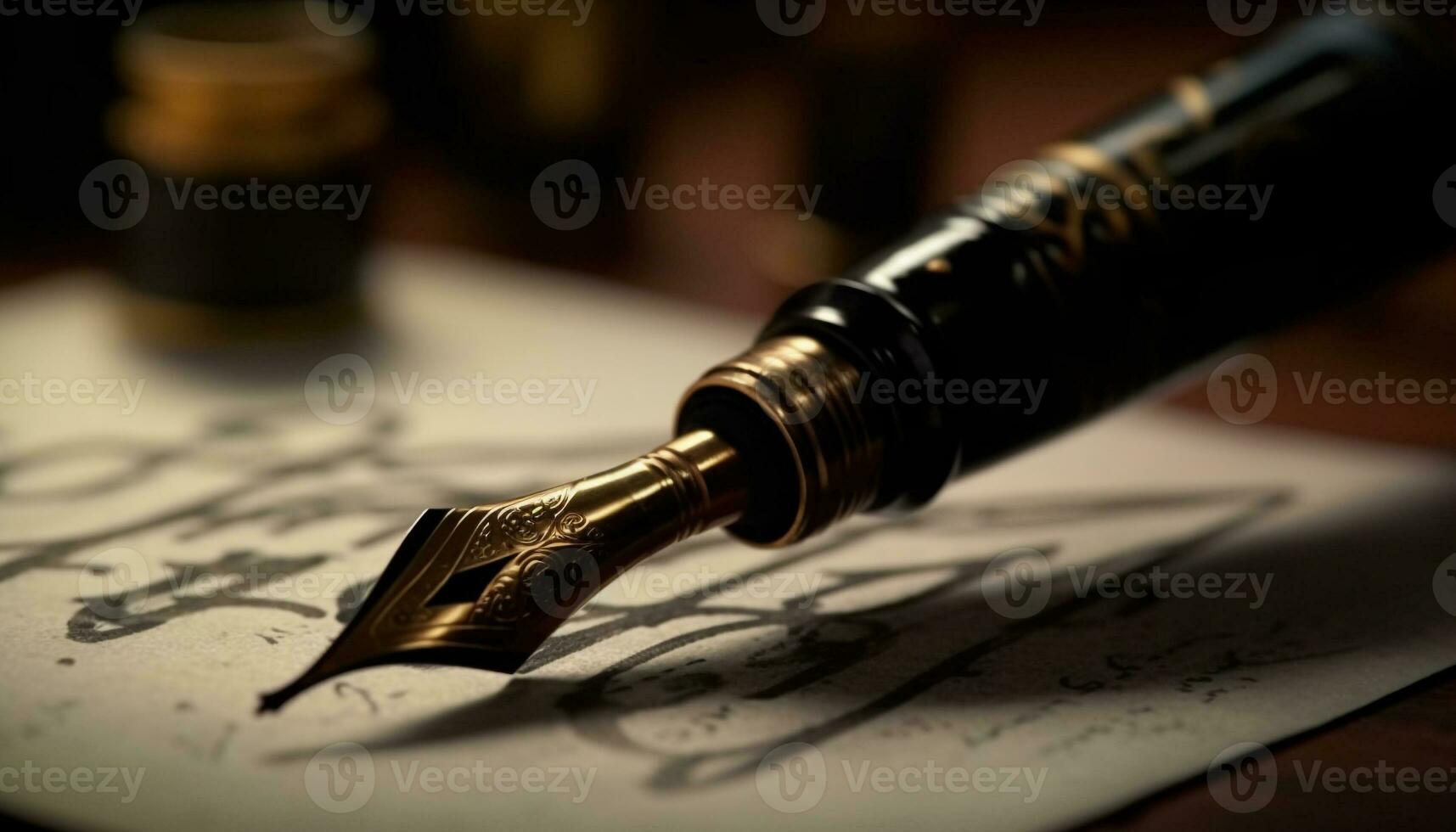 Antiquität Feder Stift Zeichen elegant Vertrag auf alt Pergament Seite generiert durch ai foto