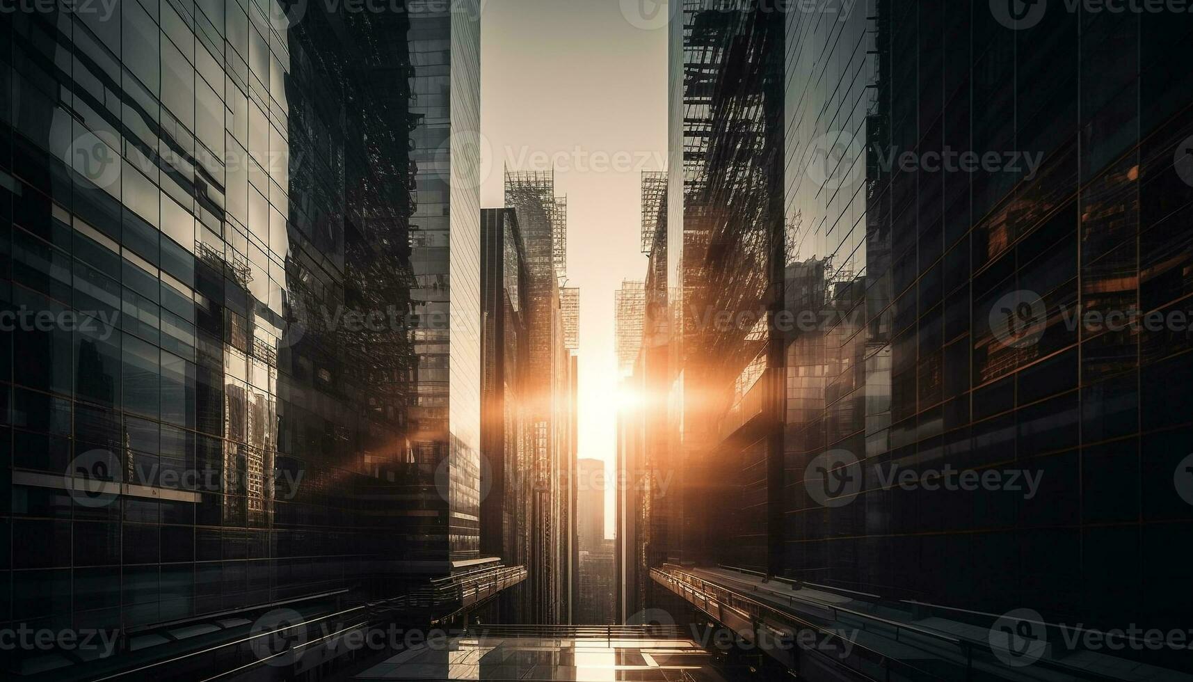 futuristisch Wolkenkratzer leuchtet Stadt Horizont beim Nacht, verschwinden Punkt Perspektive generiert durch ai foto