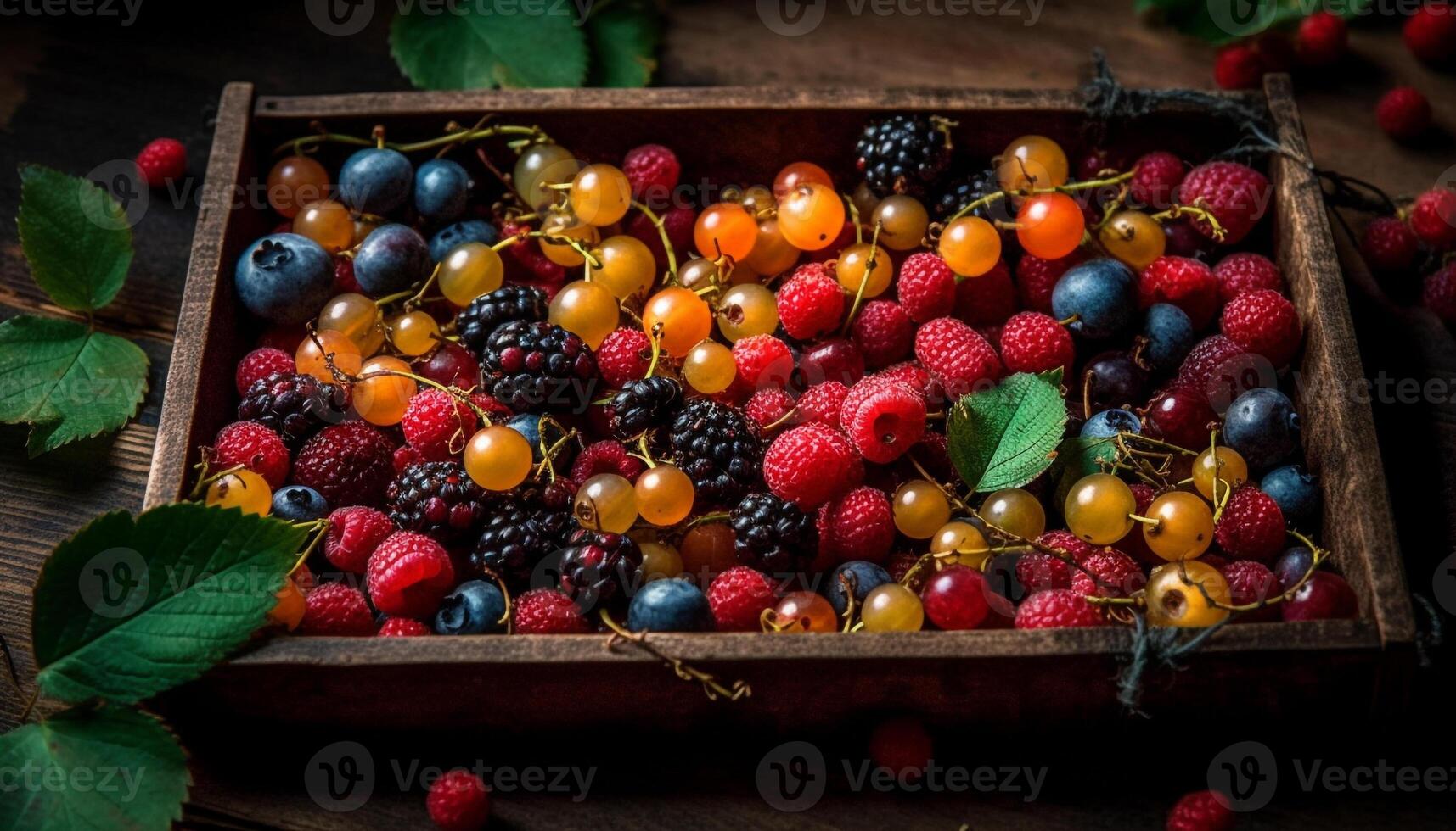 rustikal Beere Schüssel ein süss, saftig Sommer- Dessert Variation generiert durch ai foto