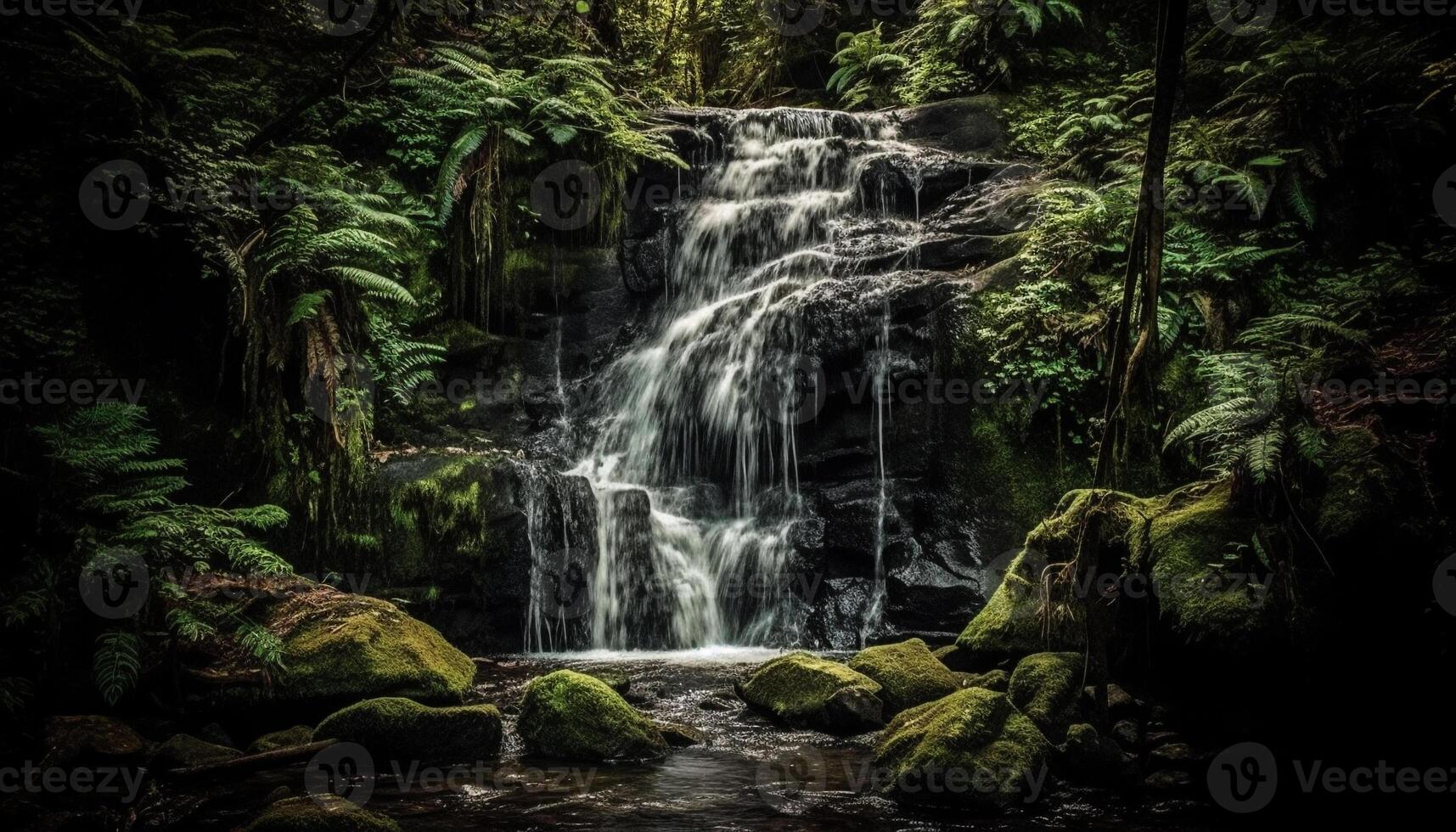 das still Szene von ein fließend Wasserfall im ein tropisch Regenwald generiert durch ai foto