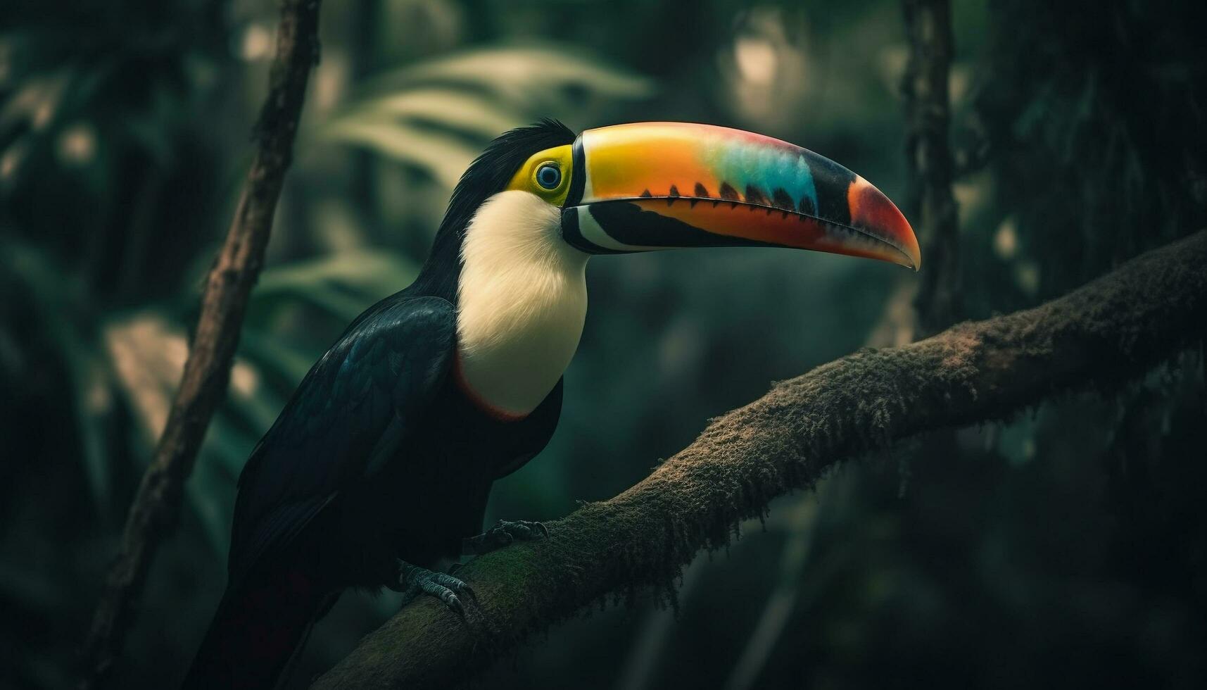 beschwingt Tukan sich niederlassen auf Zweig, Schönheit im Natur Farben generiert durch ai foto