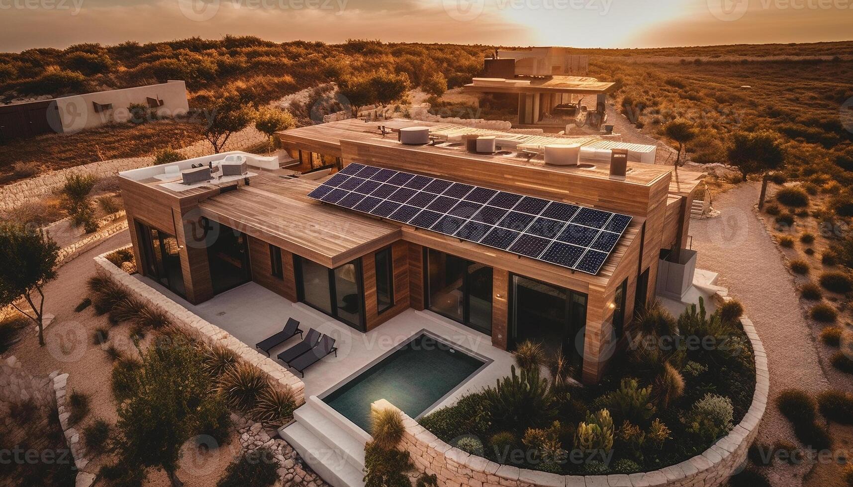 modern die Architektur Geschirre Solar- Energie zu Leistung luxuriös draussen Landschaften generiert durch ai foto