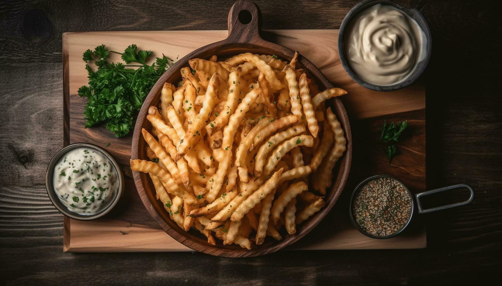 ein Gourmet Mahlzeit von tief gebraten Rindfleisch und Französisch Fritten generiert durch ai foto