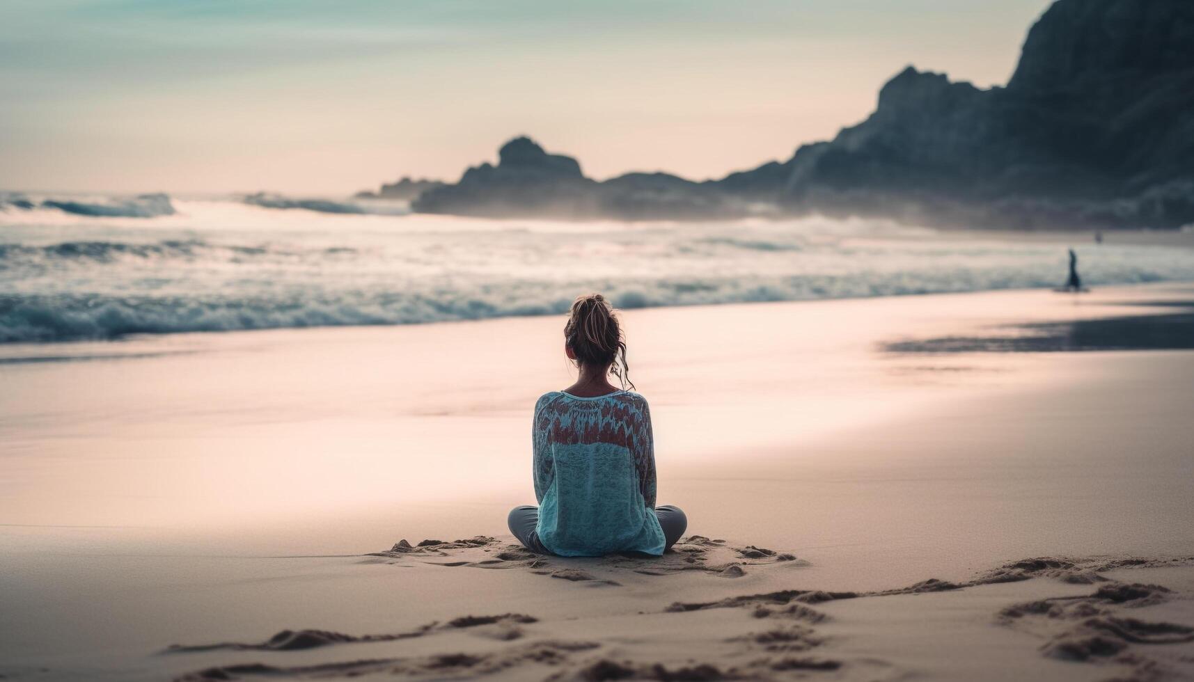 einer jung Frau meditiert im Einsamkeit, Umarmen Schönheit im Natur generiert durch ai foto