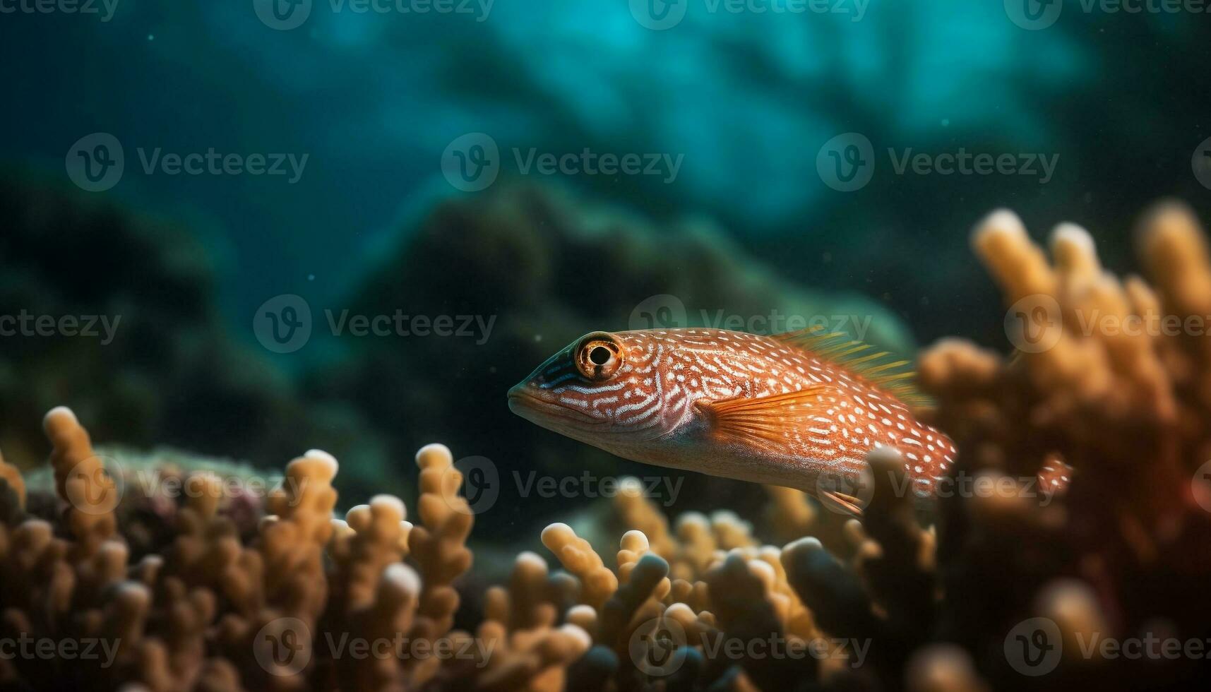 Gelb gestreift Fisch schwimmt unter multi farbig Koralle im still Riff generiert durch ai foto