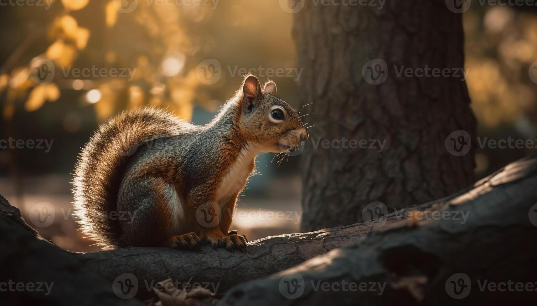 ein flauschige grau Eichhörnchen Sitzung auf ein Baum Ast Essen generiert durch ai foto