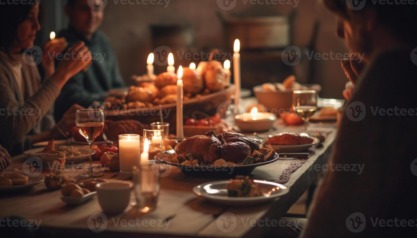 ein Familie Feier mit hausgemacht Essen und Kerzenlicht Zusammengehörigkeit generiert durch ai foto