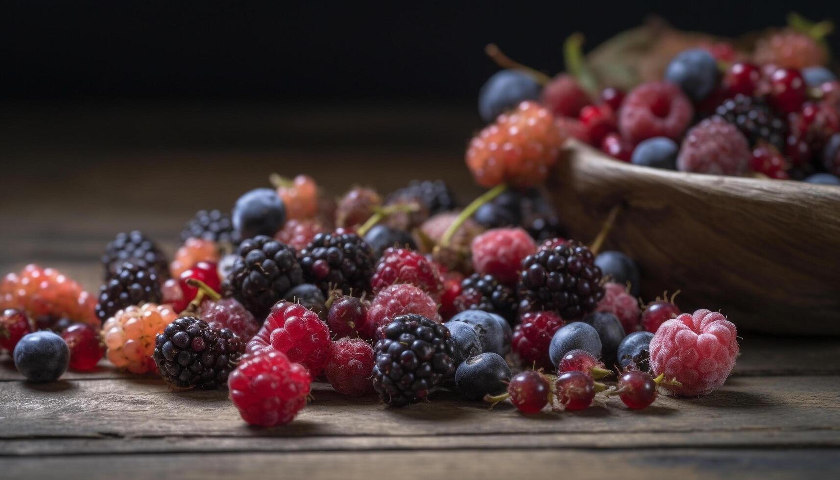 frisch organisch Beere Dessert auf rustikal Holz Tisch, Sommer- Süße generiert durch ai foto