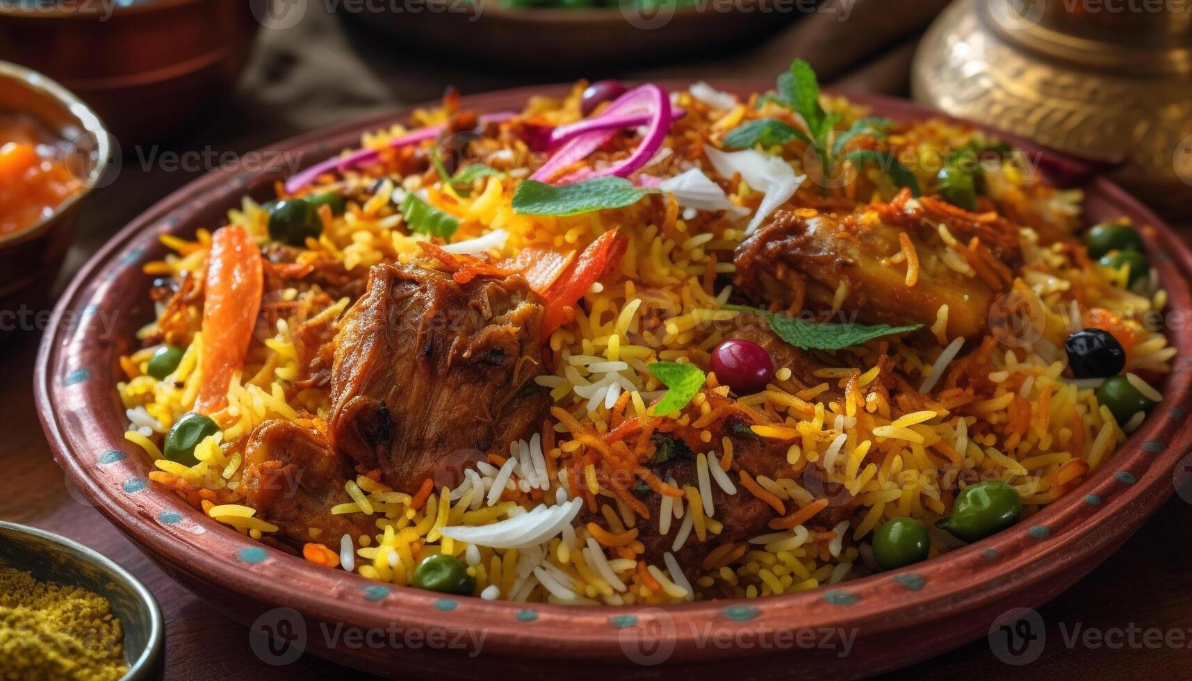 ein Gourmet Biryani Teller mit Safran Reis und frisch Gemüse generiert durch ai foto