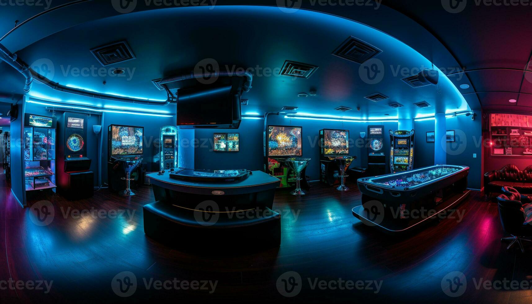 modern Nachtclub leuchtet Blau Farbtöne, Angebot Freizeit Spiele und Unterhaltung generiert durch ai foto