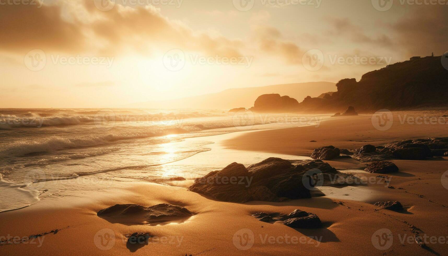 das still Szene von das Küste beim Dämmerung, ein Schönheit im Natur generiert durch ai foto