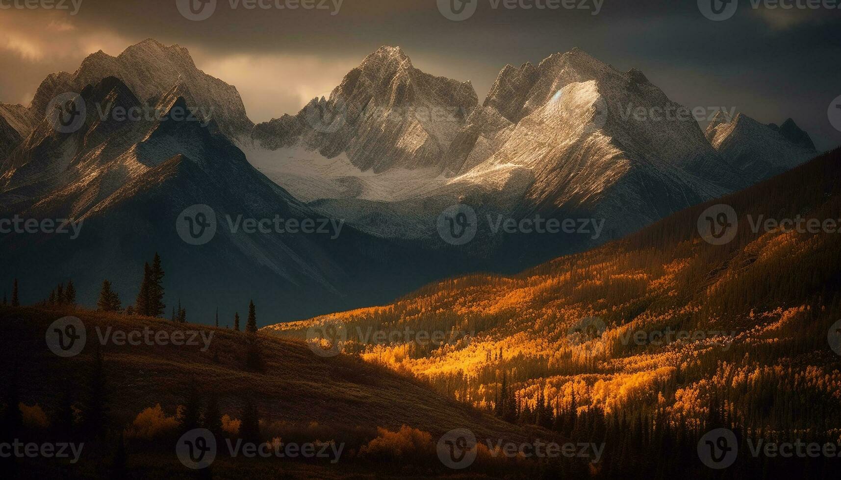 majestätisch Berg Bereich, still Wiese, und Sonnenuntergang Schönheit im Natur generiert durch ai foto