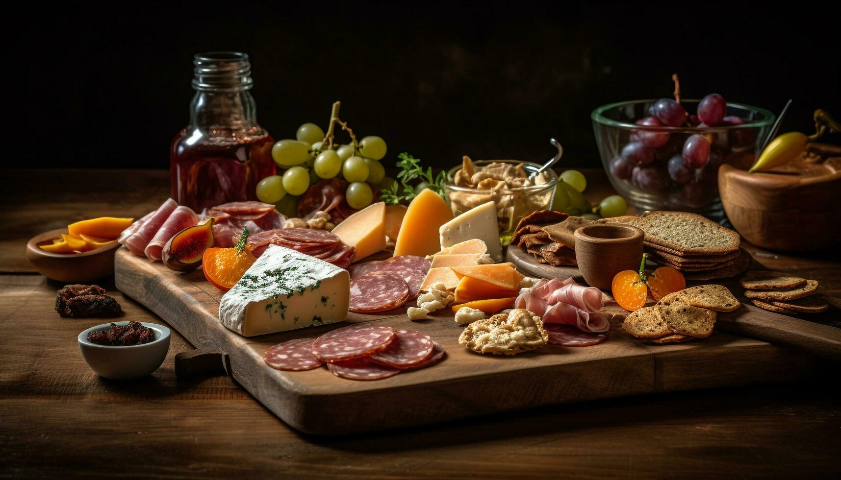 ein rustikal Gourmet Mahlzeit Prosciutto, Salami, Käse, brot, Frucht, Wein generiert durch ai foto