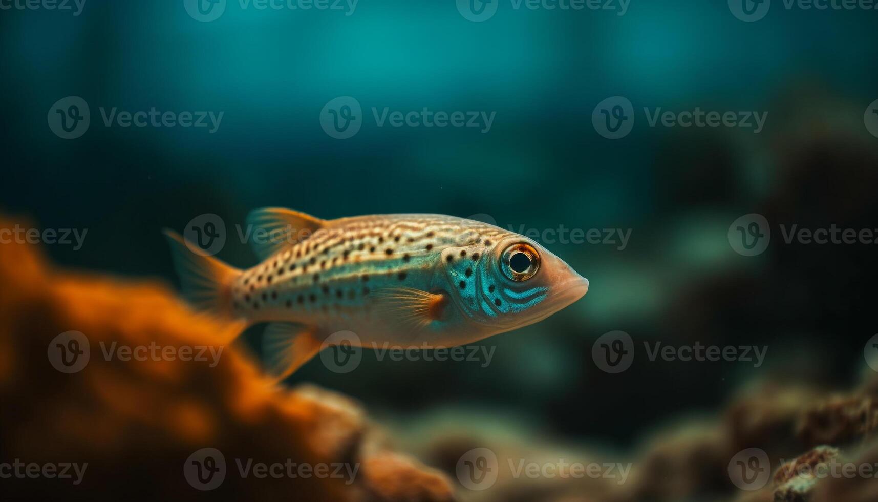 ein gestreift Fisch schwimmt im das schön Koralle Riff unter Wasser generiert durch ai foto