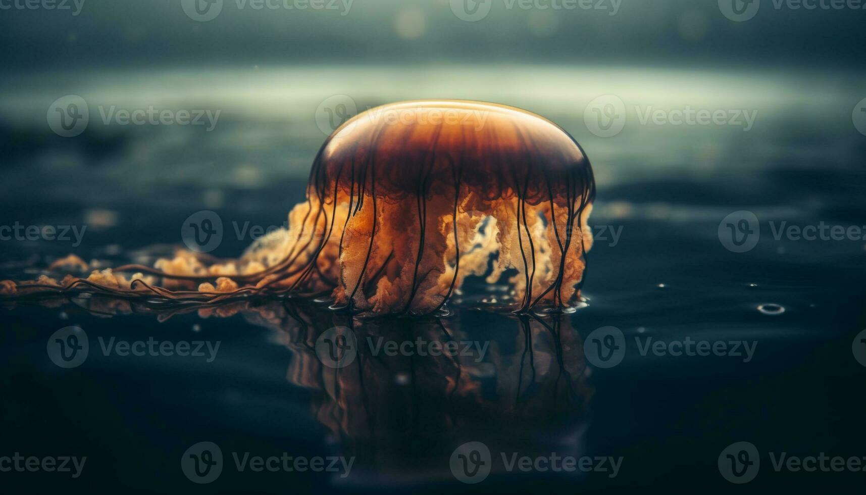 ein glühend Meduse schwimmt im still, tief Meer Wasser generiert durch ai foto