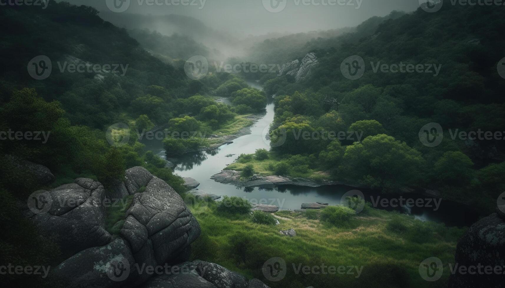 das still Szene von das Berg Gipfel reflektiert im fließend Wasser generiert durch ai foto