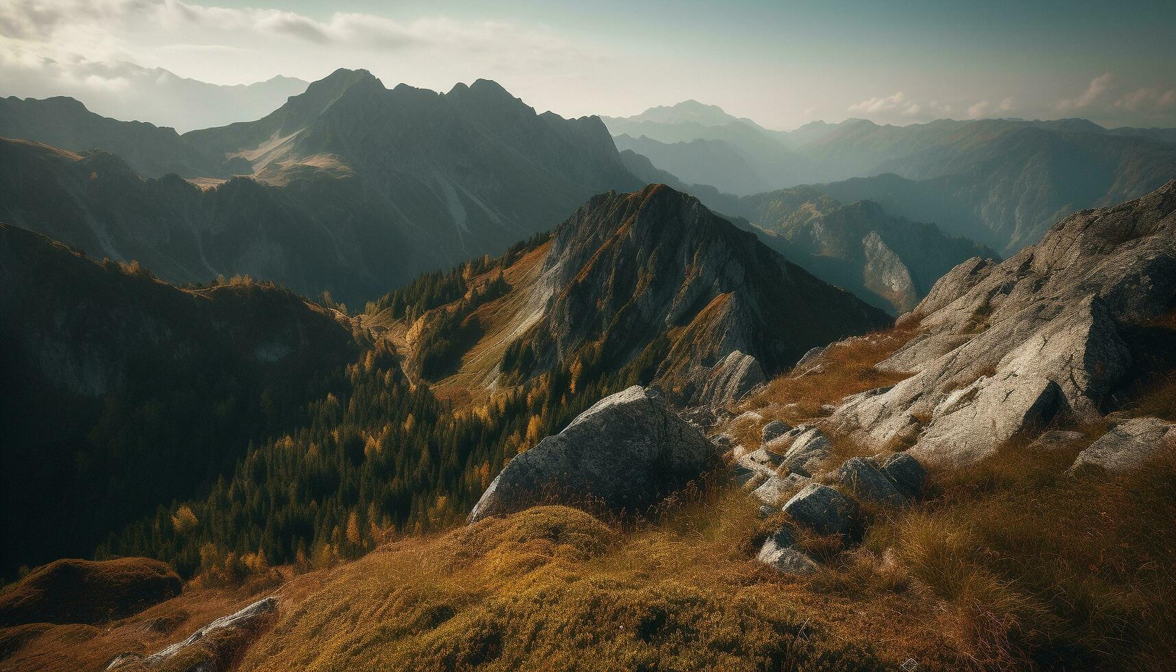 majestätisch Berg Gipfel steigt an hoch oben im Panorama- Wildnis Landschaft generiert durch ai foto