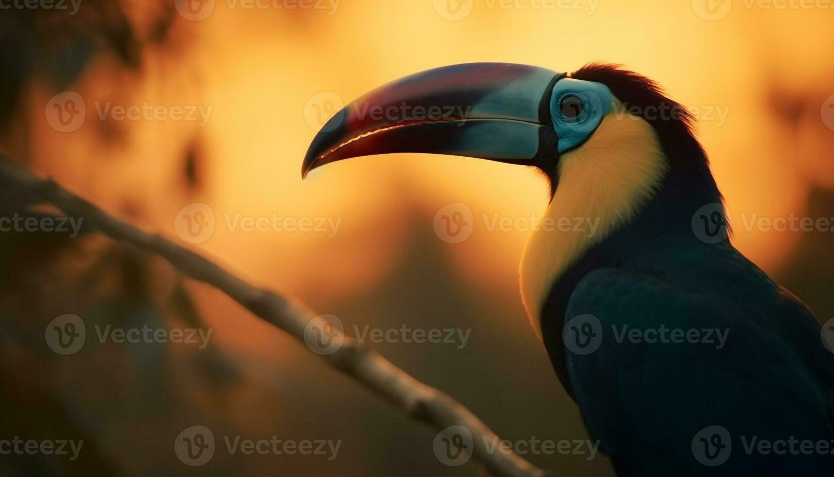 beschwingt Tukan sich niederlassen auf Ast im tropisch Regenwald beim Sonnenuntergang generiert durch ai foto